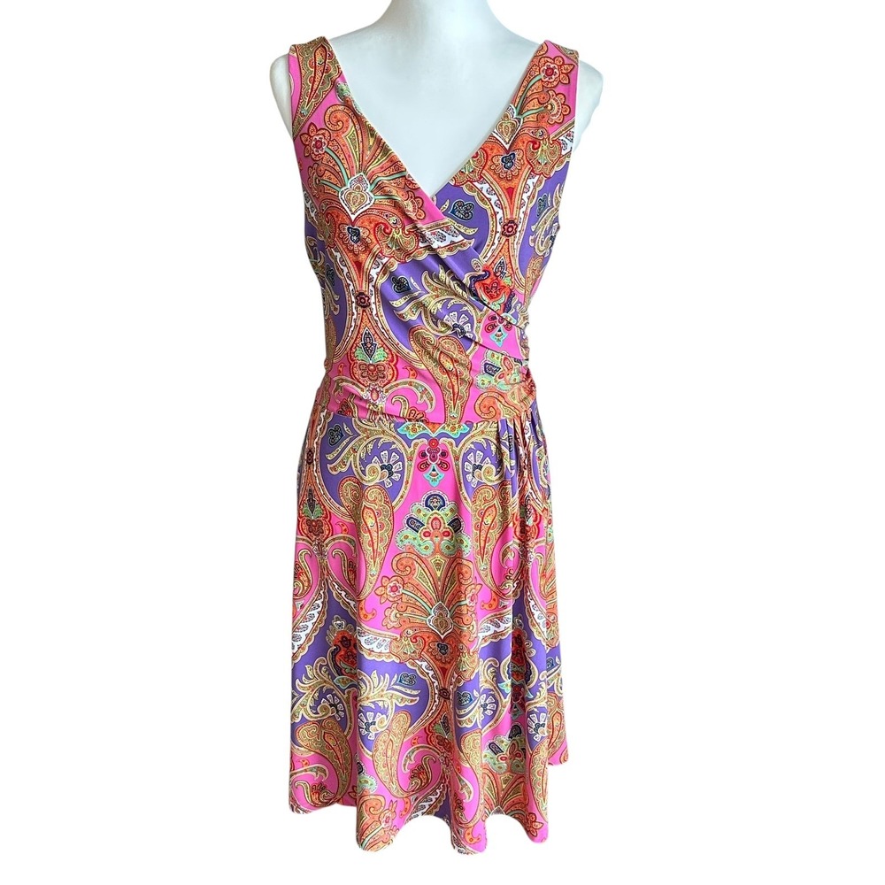 Lauren Ralph Lauren Dress Medium Pink Purple Orange Paisley‎ Print Sleeveless